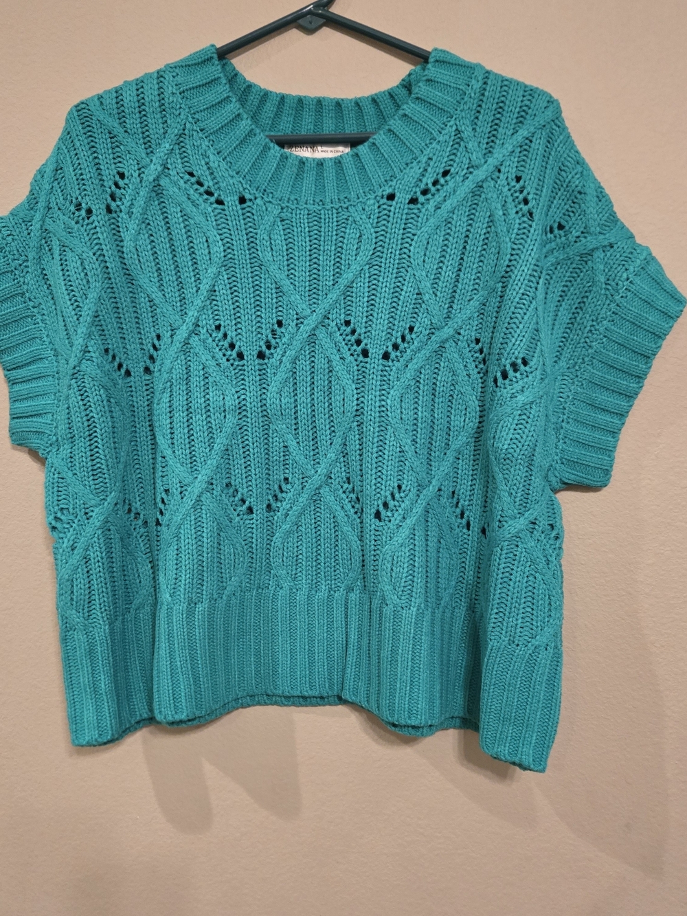 Zenana Outfitters Green Open-Knit Short Sleeve Sweater